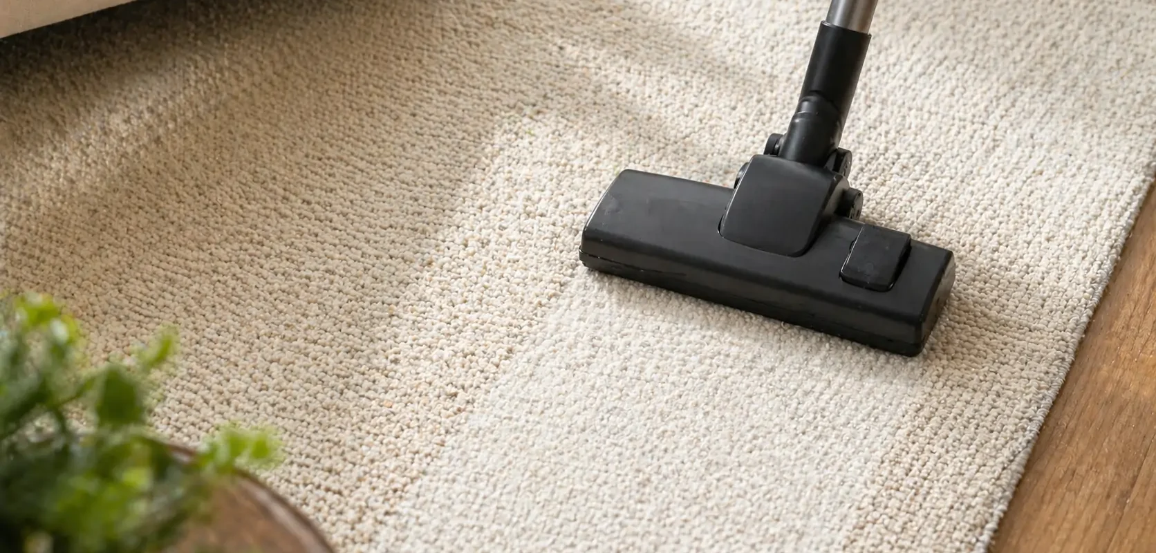 Aspirateur qui passe sur un tapis en laine claire