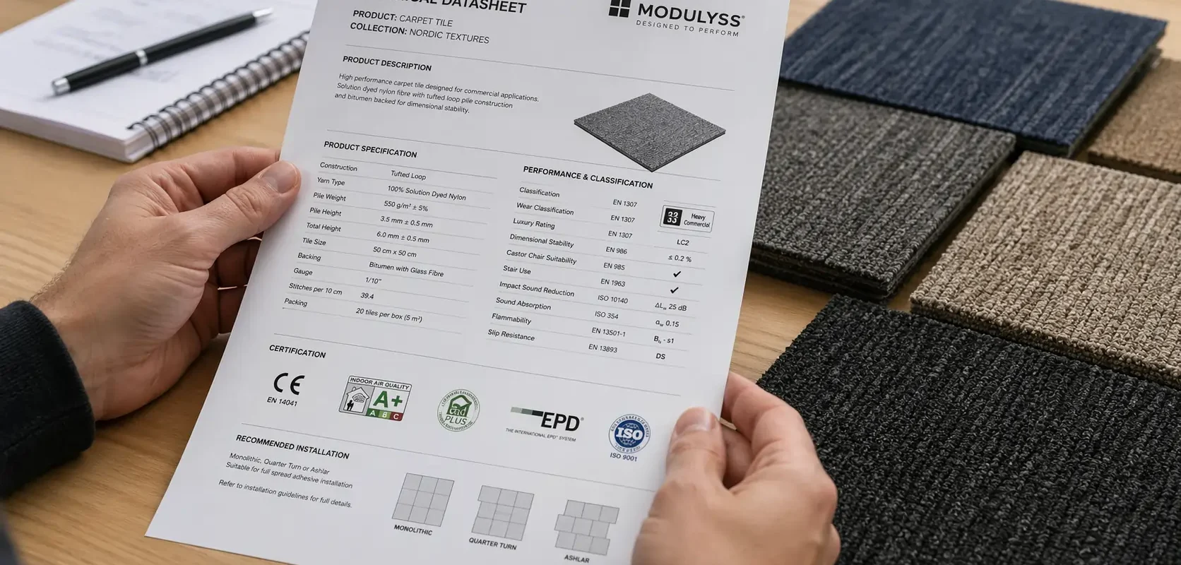 Main qui consulte une fiche technique de tapis professionnel