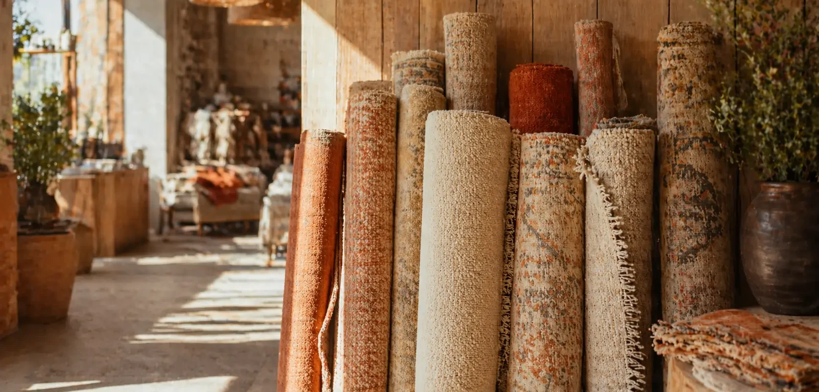 Plusieurs tapis roulés dans une boutique de décoration