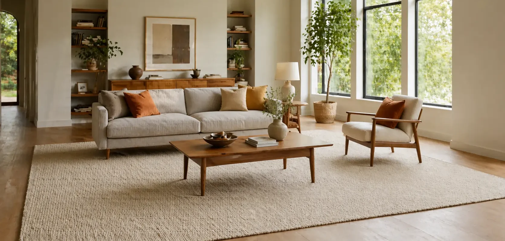 Salon avec grand tapis beige sous canapé gris